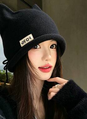 秋冬季保暖猫耳朵月子帽时尚字母大头围冷帽显脸小针织堆堆帽子女