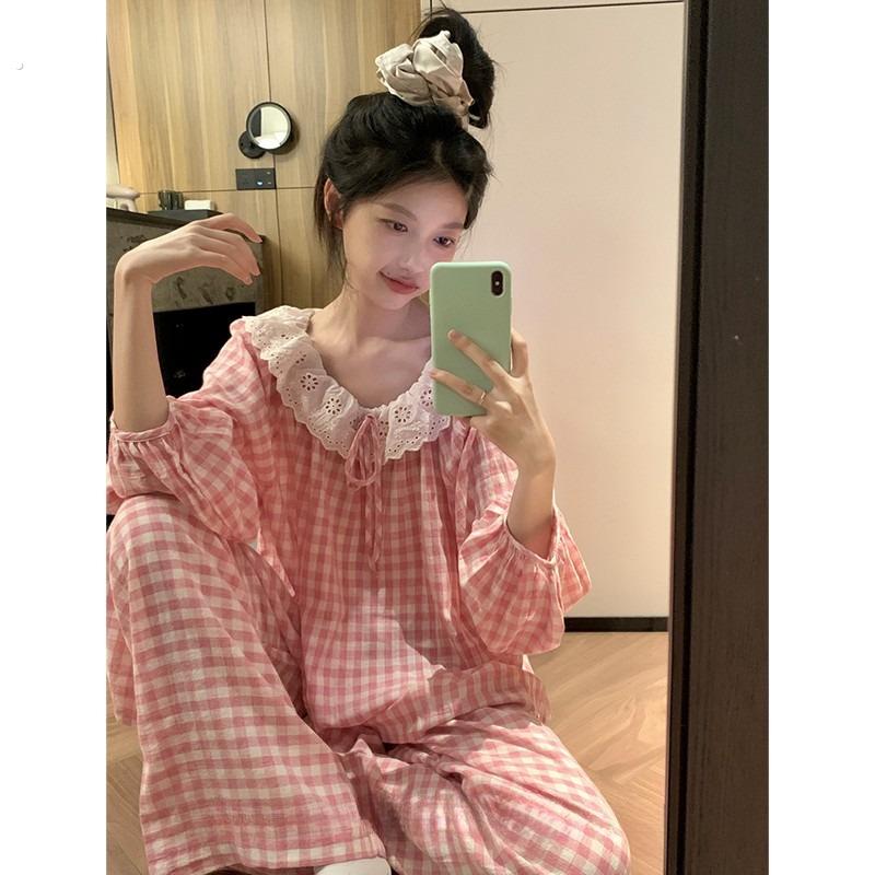 韩系蕾丝娃娃领睡衣女春秋季新款格子长袖长裤甜美休闲家居服套装