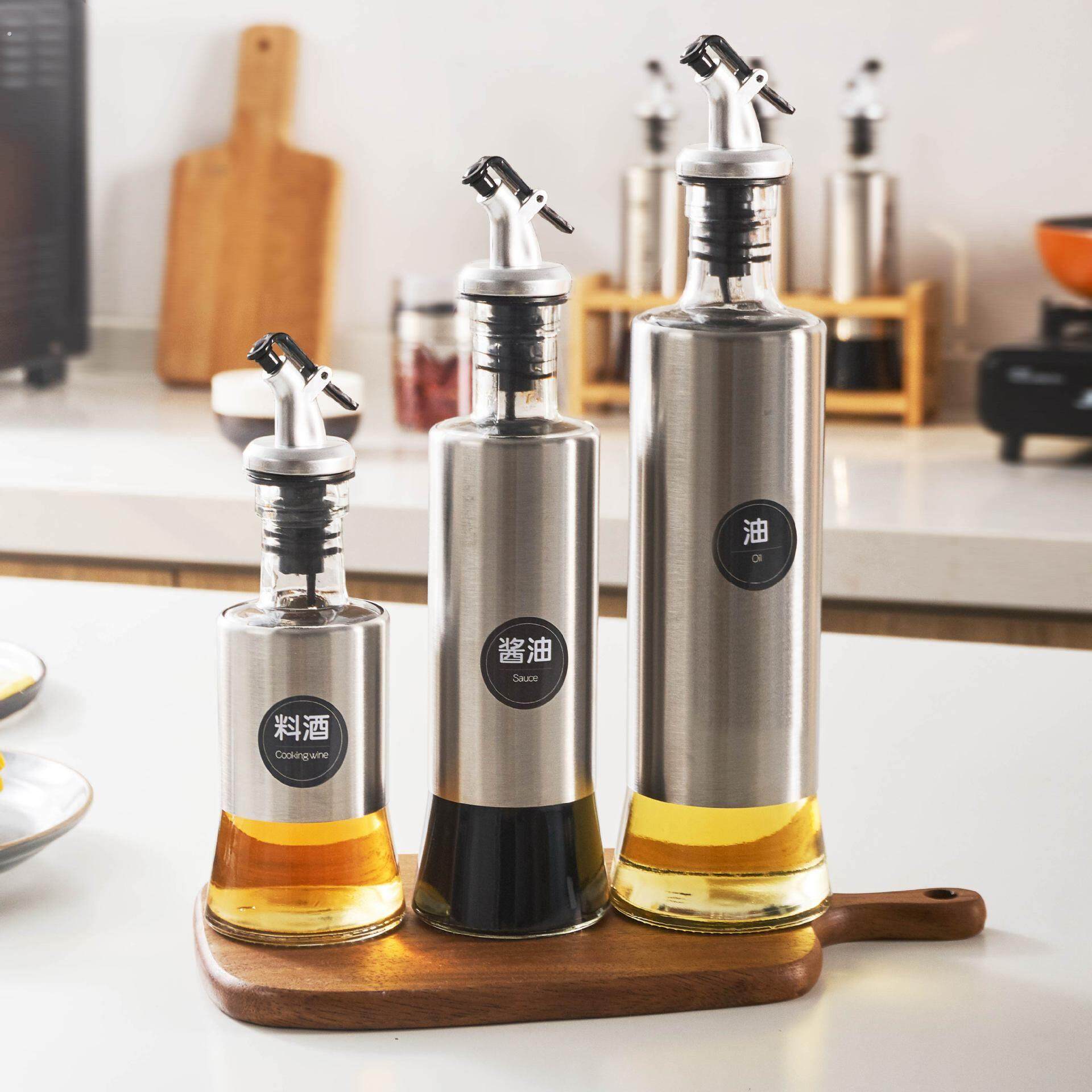 不锈钢玻璃油壶 厨房酱油醋瓶防漏 家用调味瓶组合套装
