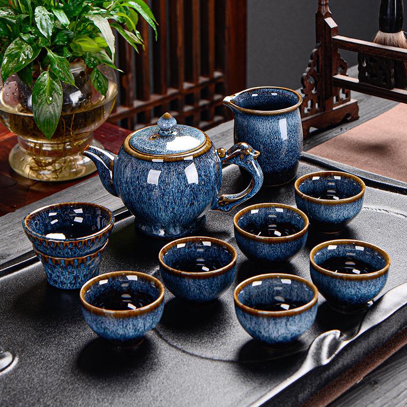 古龙拉丝天目釉建盏功夫茶具家用礼盒陶瓷茶具送礼组合