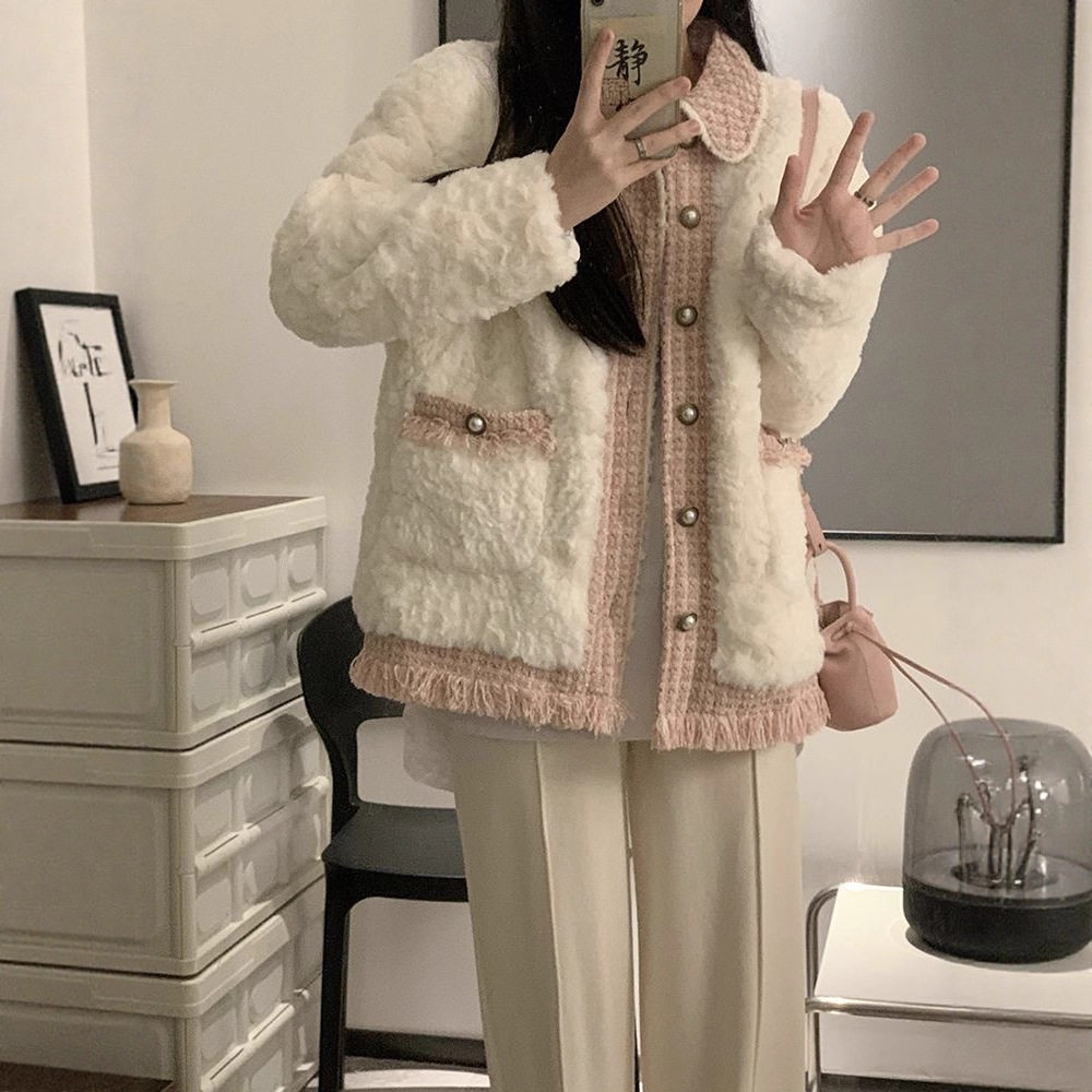 小香风仿羊羔毛外套女装冬季2025新款拼接设计感宽松长袖棉衣棉服