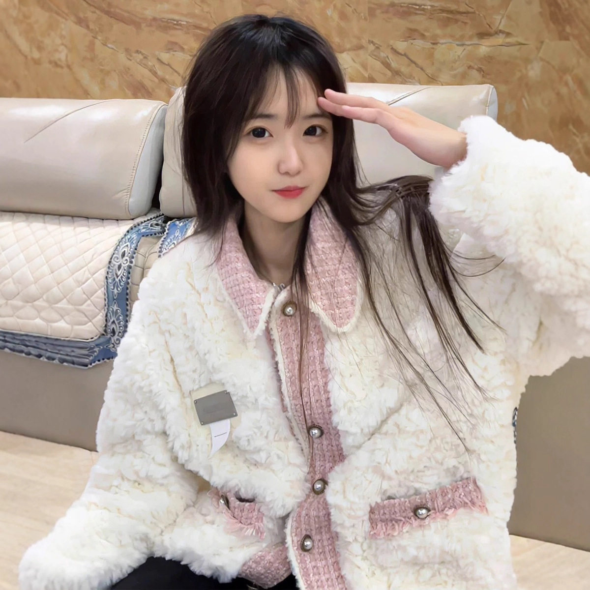 小香风仿羊羔毛外套女装冬季2025新款拼接设计感宽松长袖棉衣棉服