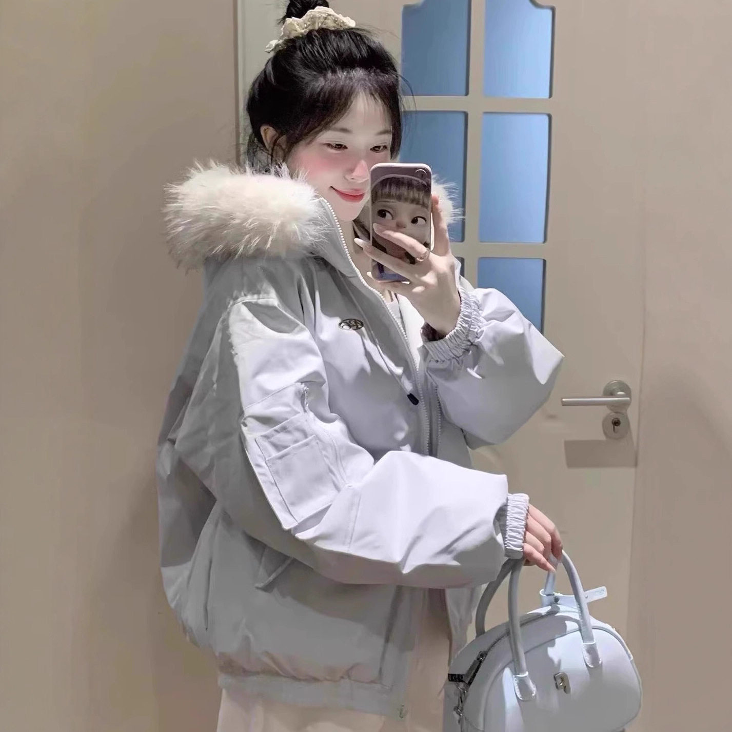 休闲工装羽绒棉服女2025冬装新款小个子大毛领派克服加厚宽松外套