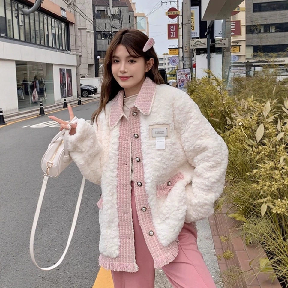 小香风仿羊羔毛外套女装冬季2025新款拼接设计感宽松长袖棉衣棉服