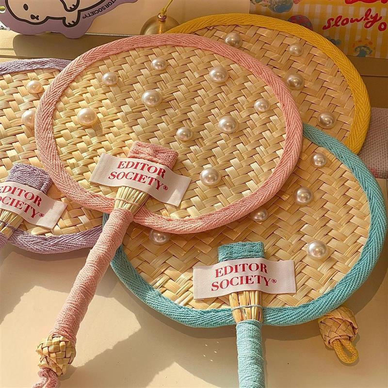 爱心蒲扇便携扇子珍珠串珠挂坠夏季手工编织麦杆扇儿童成人蒲扇