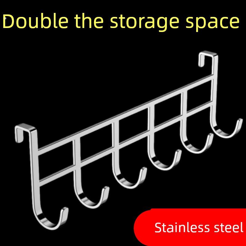 免打孔门后不锈钢挂钩挂衣钩厨房橱柜门专用六连挂钩置物架挂毛巾