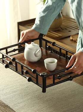 筇竹回纹席面茶托盘干炮台家居两用茶台大漆茶盘茶具收纳盘茶杯架