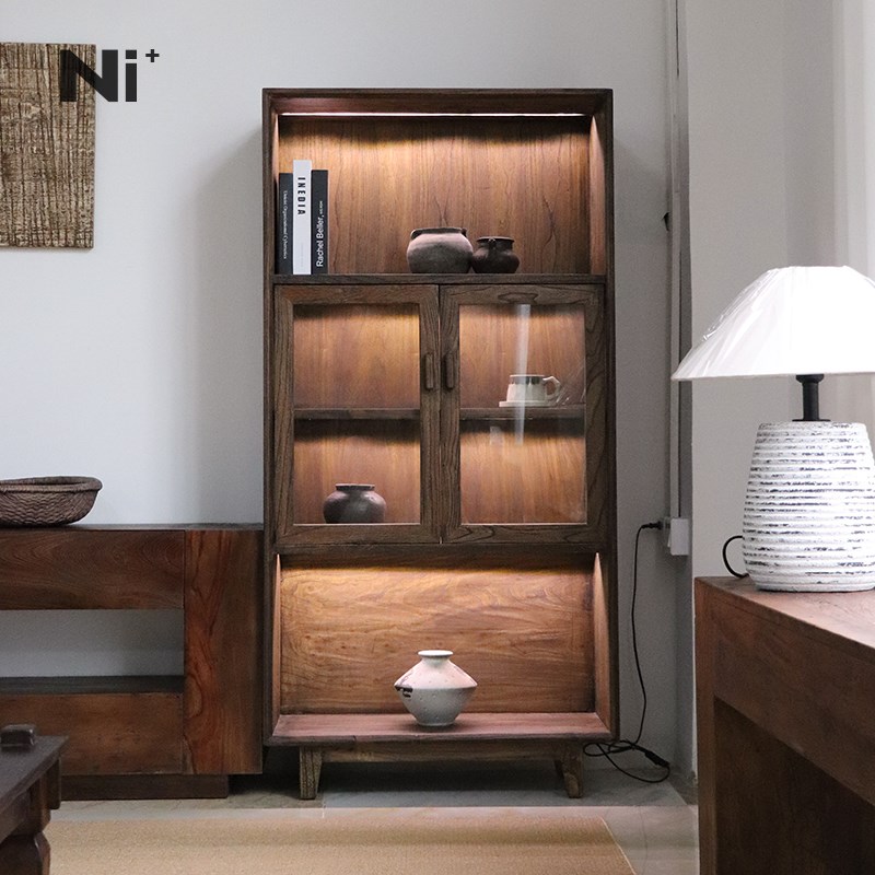 Ni尼家侘寂风书柜实木带灯靠墙电视柜旁边陈列展示柜子玻璃储物柜