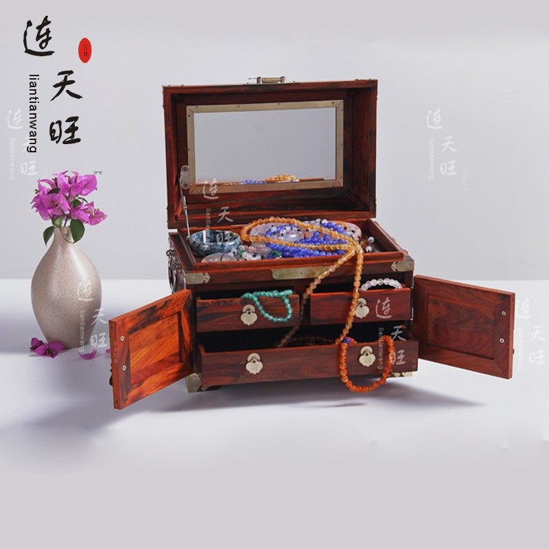 大红酸枝首饰盒结婚庆用品红木饰品盒龙凤百宝箱中式梳妆镜箱带锁