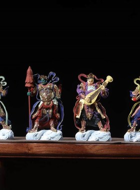 小叶黄杨木精雕彩绘真金描金四大天王金刚门神摆件家居办公装饰品