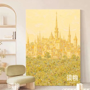 印象派风景客厅大幅落地装饰画城堡肌理手绘油画抽象建筑玄关挂画