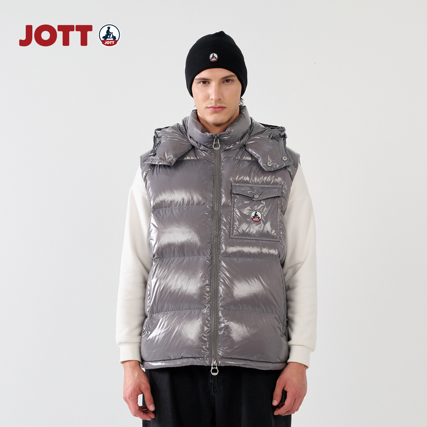 JOTT专柜正品 | 连帽亮面羽绒马甲 简约时尚男士上衣短款外套,男装,羽绒马甲,淘宝优惠券,粉丝福利购,淘宝优惠卷