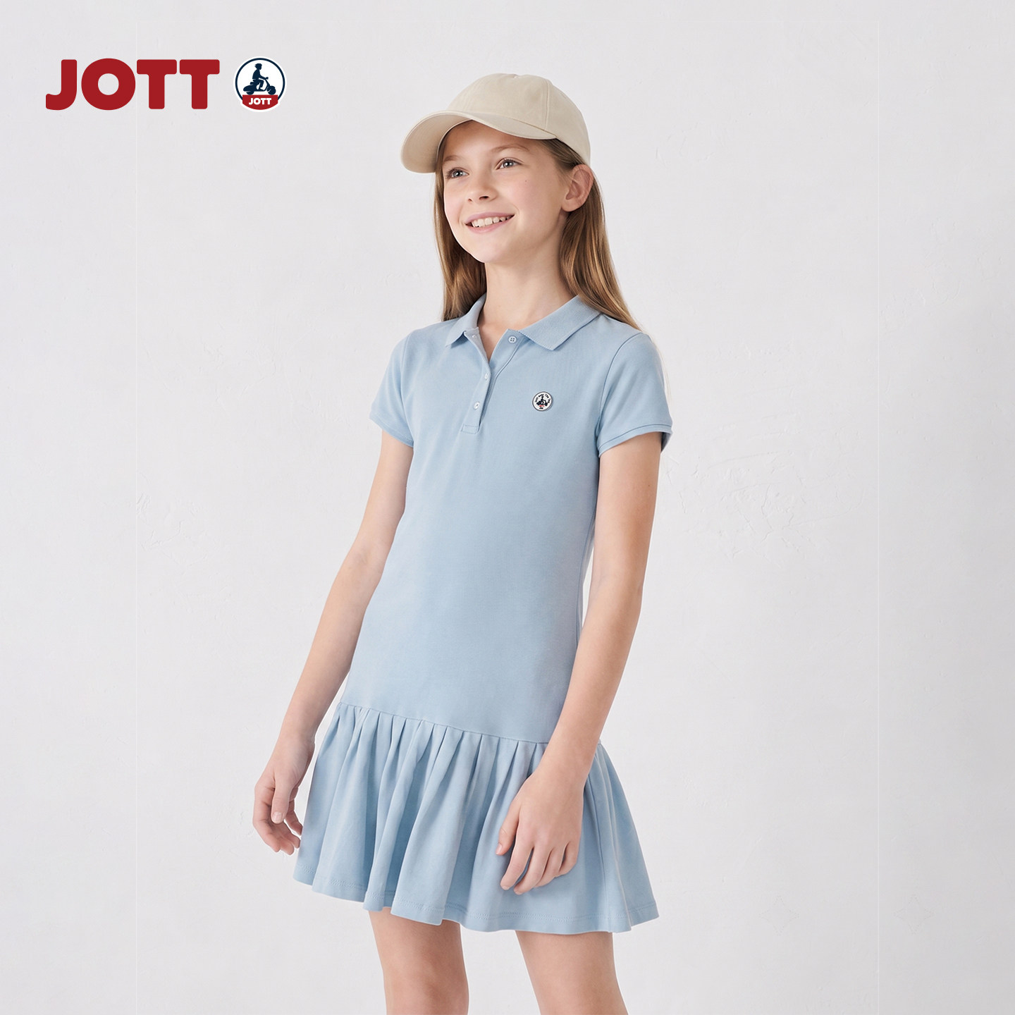 JOTT/女童polo领百褶下摆短裙简约时尚纯色连衣裙女童夏季新款图片