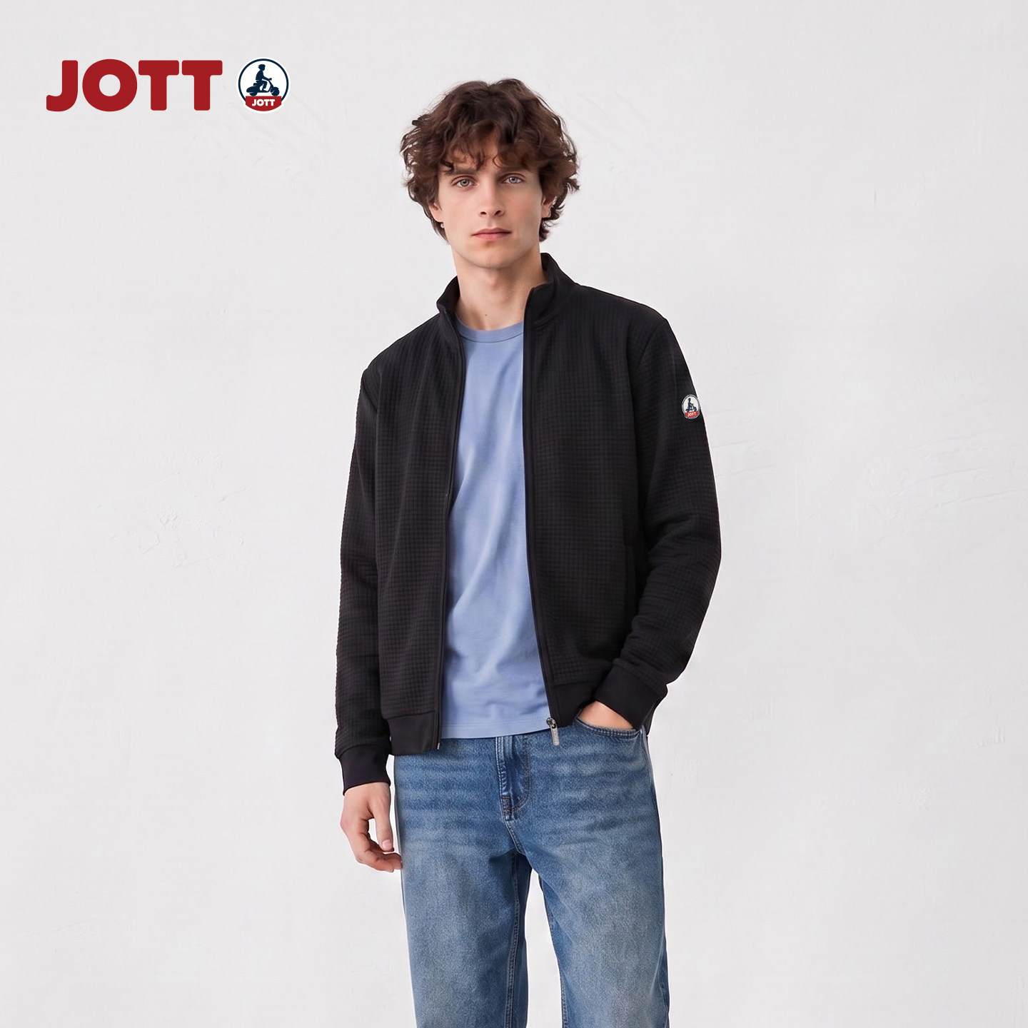JOTT/细网格立领拉链夹克简约休闲品质黑色长袖外套男士春秋新品图片