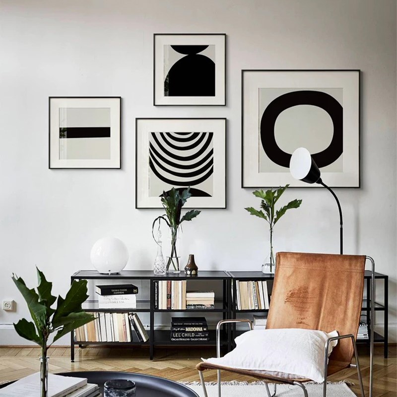 黑白抽象客厅沙发背景墙装饰画正方形艺术现代简约餐厅挂画高级感