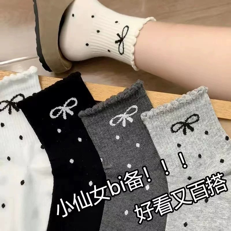 春季热卖ins女袜波点蝴蝶结袜子可爱淑女风运动时尚花边袜子少女