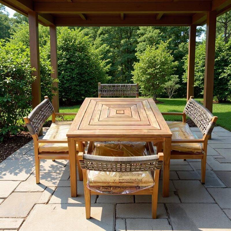 北欧户外柚木桌椅庭院简约休闲露台餐桌阳台防腐木防晒藤编椅组合