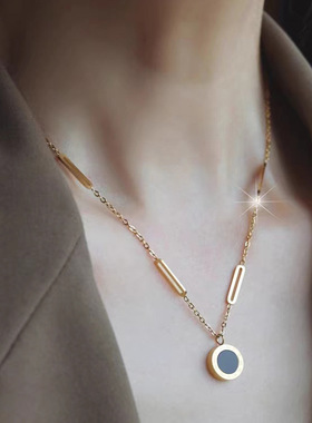 钛钢项链别针罗马数字黑白卫衣新款小众轻奢高级感18K锁骨毛衣链