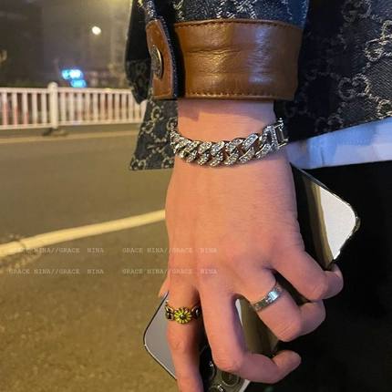 欧美简约时尚满钻古巴手链 ins风嘻哈潮个性男女宽版手镯