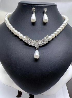 欧美外贸新款珍珠项链套装女时尚气质小众镶钻新娘婚纱礼服配饰