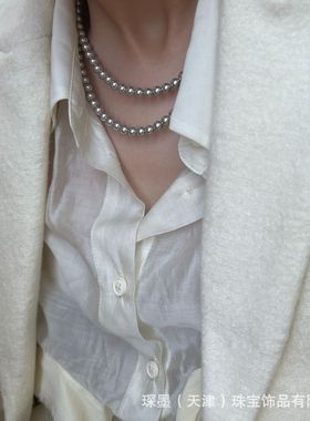 琛墨韩版时尚复古珍珠项链女真多麻元宝扣锁骨链欧美简约小众项饰