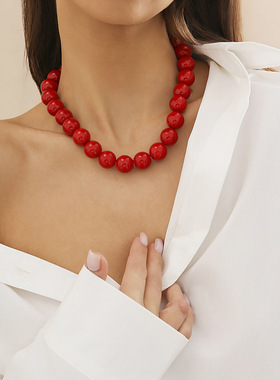 欧美饰品 夸张彩色珍珠串珠项链女 时尚几何圆珠项圈锁骨链