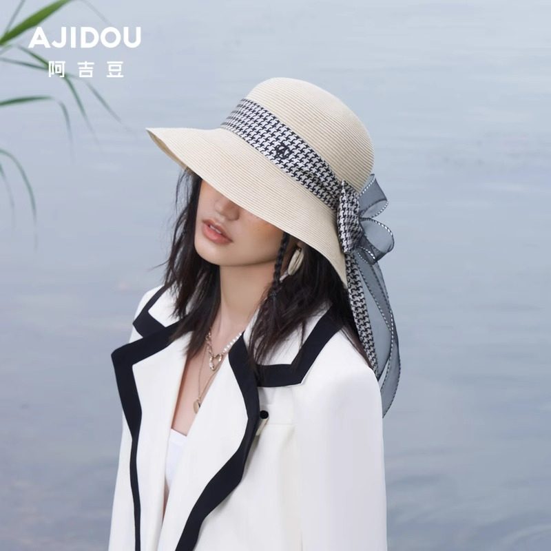 阿吉豆千鸟格蝴蝶结女印花沙滩帽