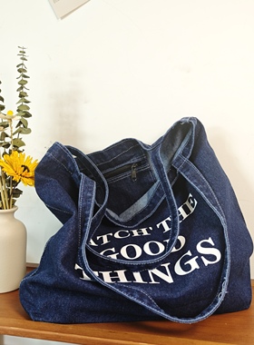 章若楠同款牛仔帆布包大容量单肩包女上课休闲文艺托特包包韩版