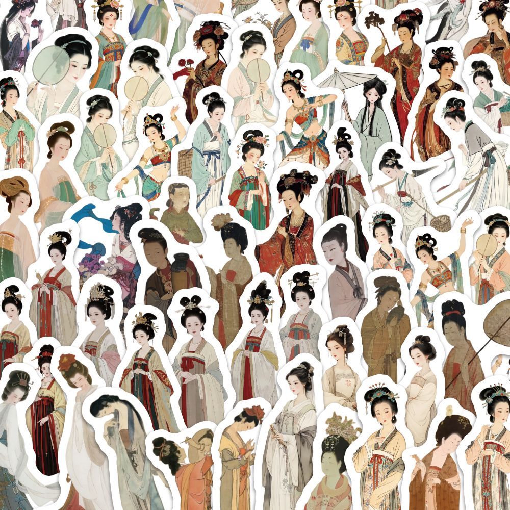 210张古风仕女图人物贴纸传统国风周边ins装饰diy手机壳手账贴画