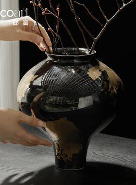 邸高家居 新中式酒店大堂玄关艺术花瓶插花 贴金小足花器