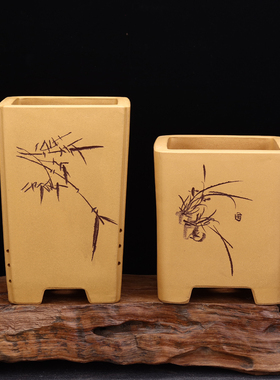 宜兴紫砂花盆黄色方形盆景盆四方签筒文竹兰草君兰简约