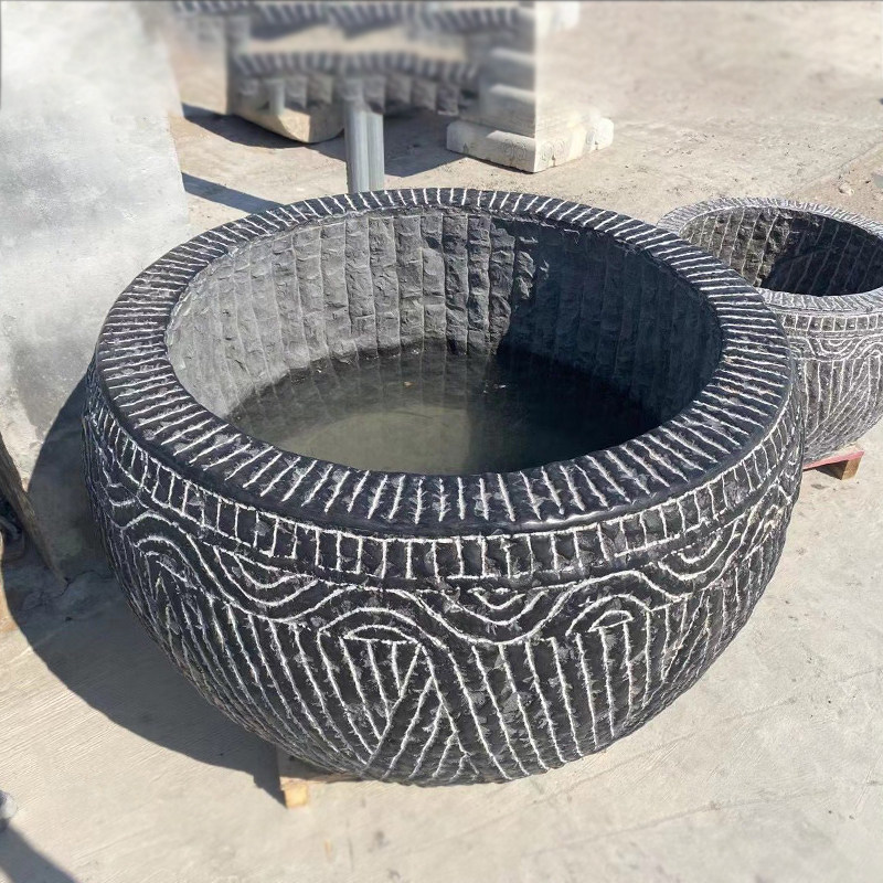 复古青石头鱼缸花盆圆形荷花缸手工斜纹鱼池庭院景观石盆订做