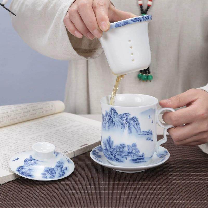 微瑕陶瓷四件套覆古青花个人喝水杯办公会议茶水分离杯品茗泡茶杯