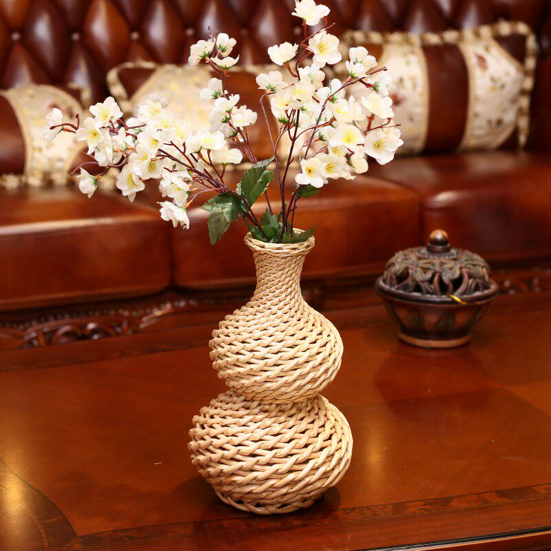 开口葫芦藤编 柳编田园家居饰品拍摄道具仿真花盆花器花瓶 小葫芦