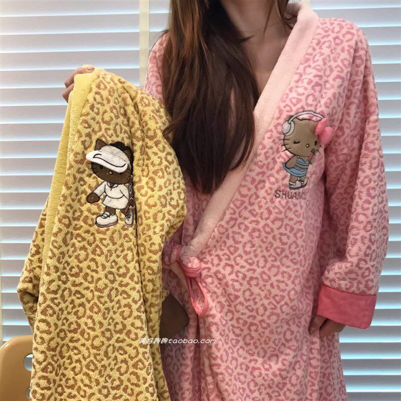 可爱豹纹y猫浴袍女浴裙浴衣女款浴衣女款浴衣女款浴衣加厚