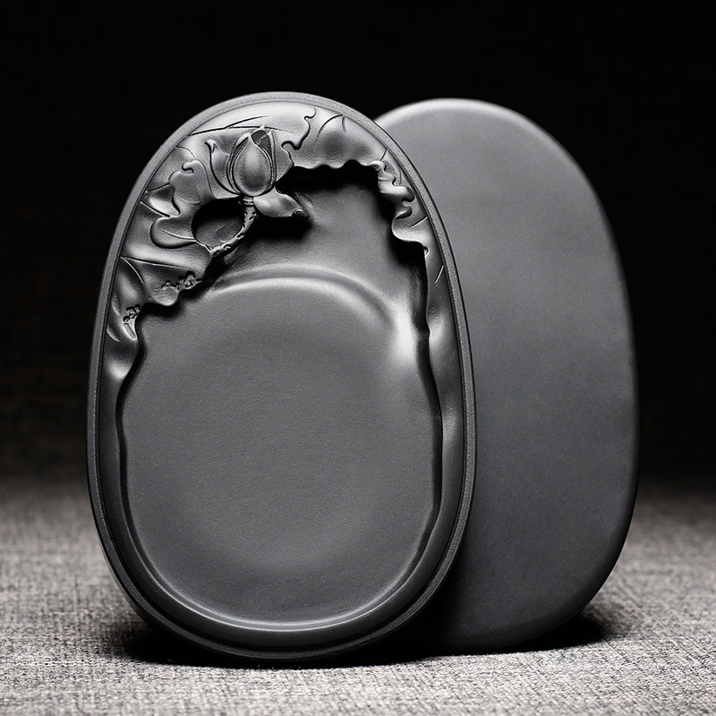 国家非遗名砚《莲花砚》高档黑龙尾天然原石歙砚文房四宝砚台带盖