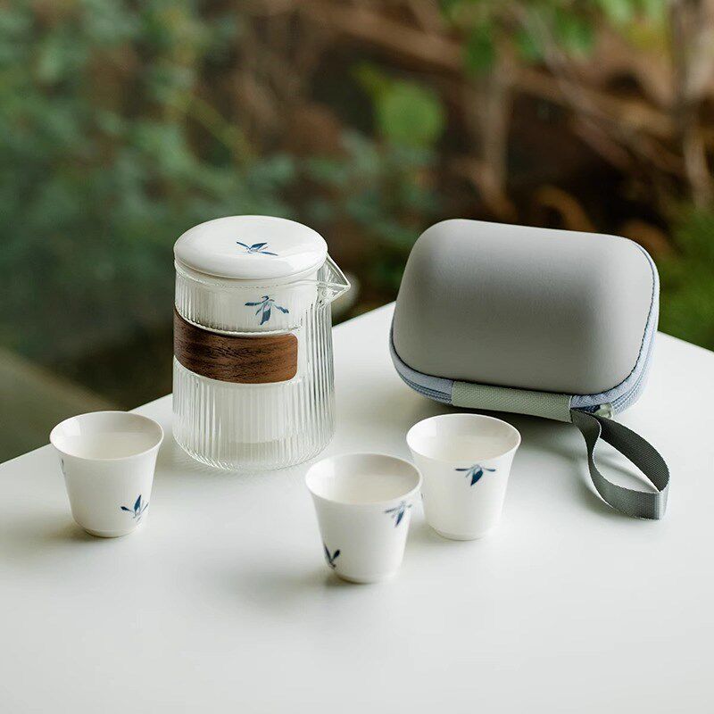 手绘蝴蝶兰花旅行茶具装一壶三杯户外快客杯便携包
