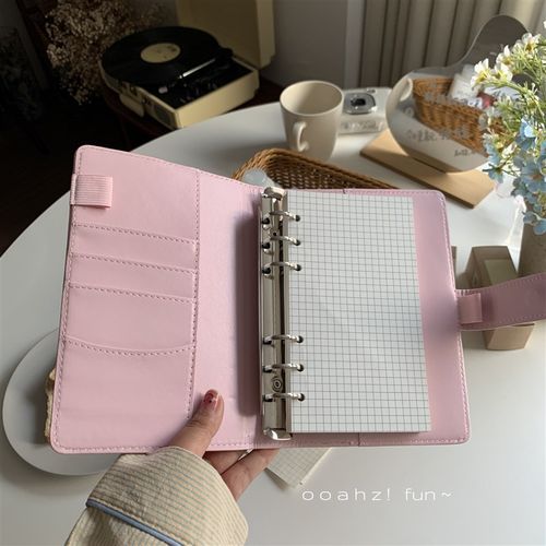 草莓乳茶~奶fufu手账本可爱活页本笔记本子学生pu皮可拆卸外壳