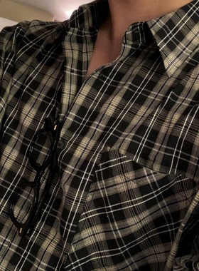 myq慵懒风格子衬衫男春季休闲长袖衬衣韩版宽松寸衣情侣外套潮棉