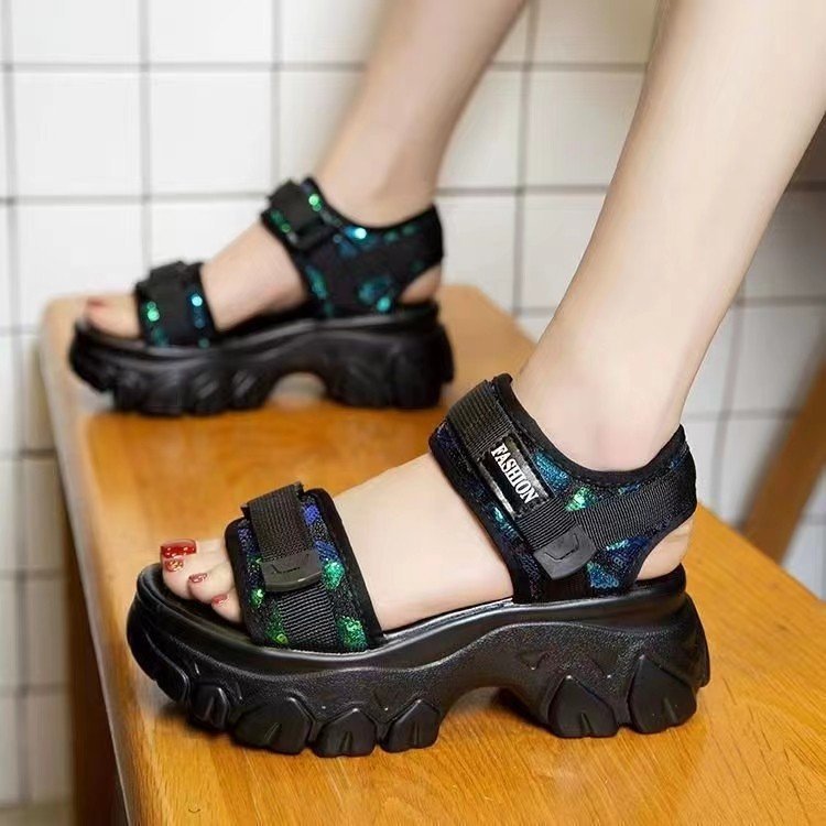 厚底增高老爹凉鞋女2025夏季新款韩版粗跟百搭松糕软底运动沙滩鞋