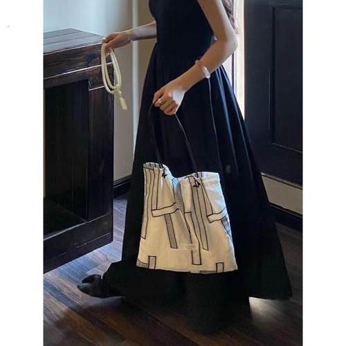 购物帆布袋妇女的新中国风袋禅宗缎袋通勤牛皮绳纯棉亚麻懒惰风格