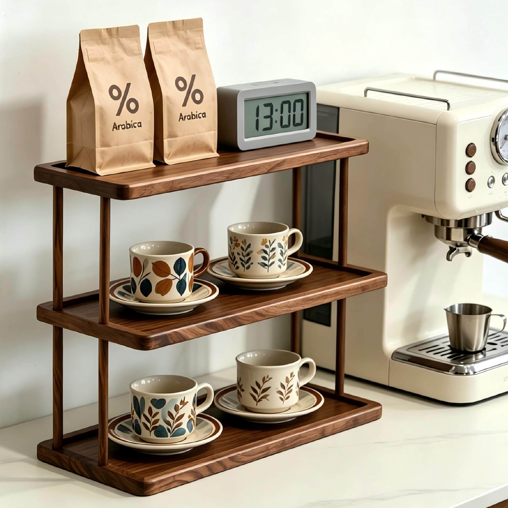 素风杯子收纳置物架桌面水杯马克杯咖啡杯整理展示架实木杯碟架子