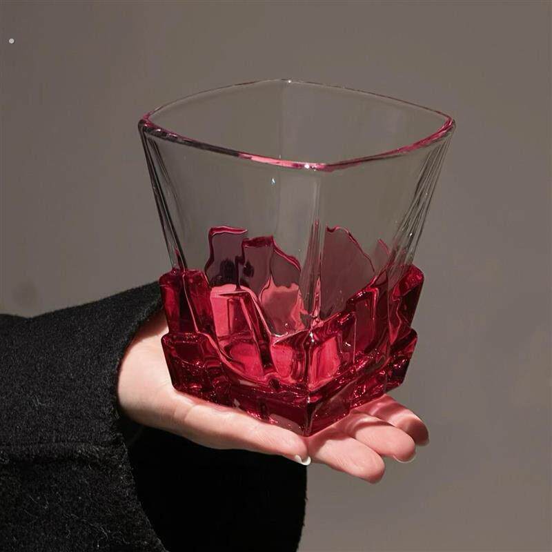 玻璃酒杯玫红色冰块杯艺术感限定酒杯创意轻奢高颜值威士忌杯