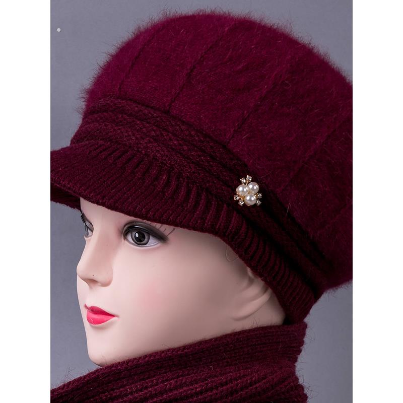 冬天老人帽子女奶奶兔毛线帽妈妈加绒厚中老年人保暖老太太针织帽