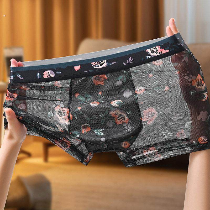 男人内裤性感的男士蕾丝夏季薄款网纱透明平角裤透气印花四角裤头