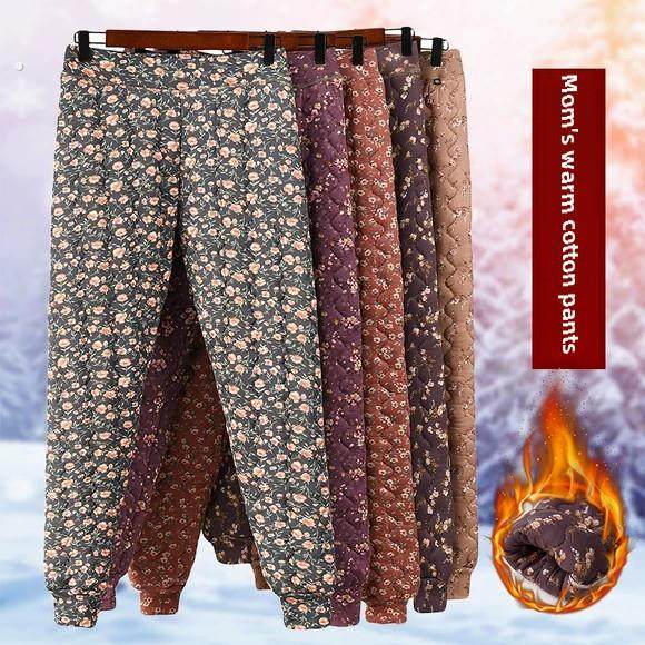 女式冬季内穿棉裤新款中老年人轻薄碎花保暖裤弹力高腰棉裤