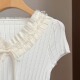 甜美少女感 上衣女夏 短袖 Z雅木耳边蕾丝装 饰v领蝴蝶结白色针织衫