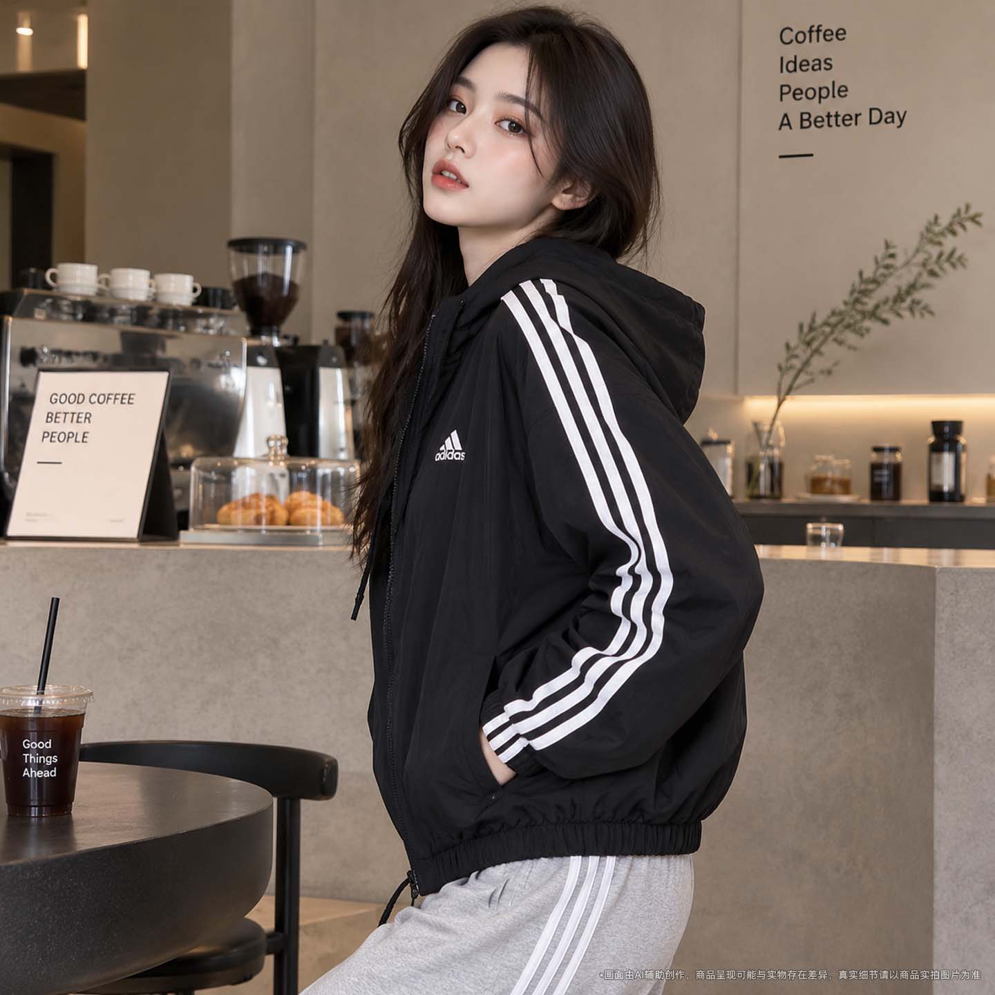 耶运动阿迪达斯女装运动服2026春秋款三条纹梭织连帽外套