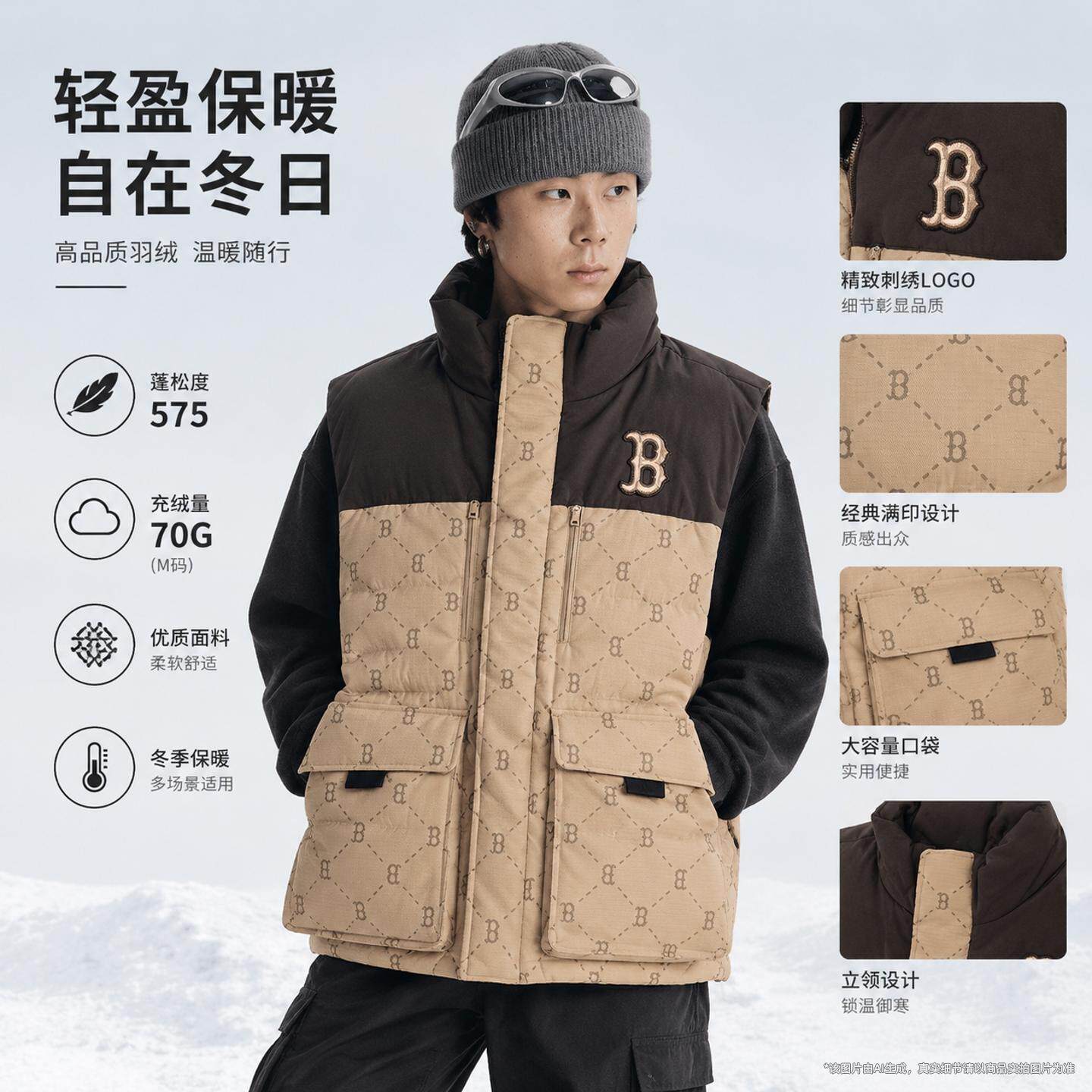 耶运动MLB男装女装冬季运动服波士顿红袜羽绒马甲立领保暖外套