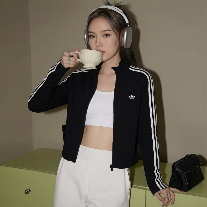 阿迪达斯男女款针织运动服秋款立领黑色夹克韩版修身短款外套